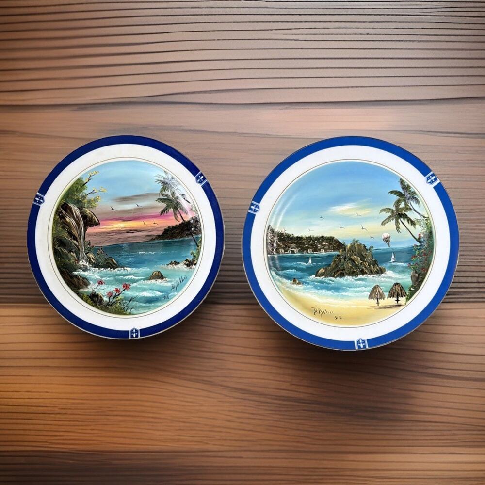 Hand Painted Mexican Tropical Seascape Display Plates Signed P Alba 1995 Pair